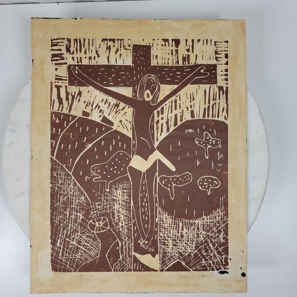 VTG Jesus Christ Crucifix Abstract Art Brown Daniel Cesio Expressionist Original - Picture 12 of 16